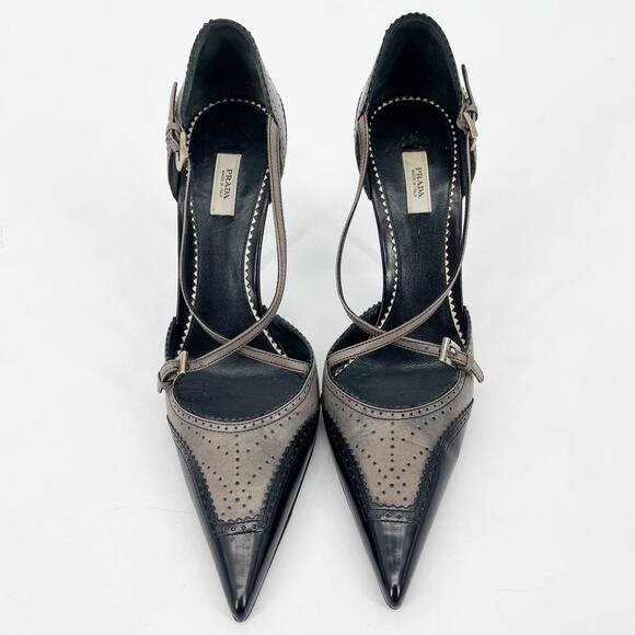 Vintage Prada Gray and Black Brogue Oxford Pointed Toe Mary Jane Heels IT 37 - Picture 5 of 11